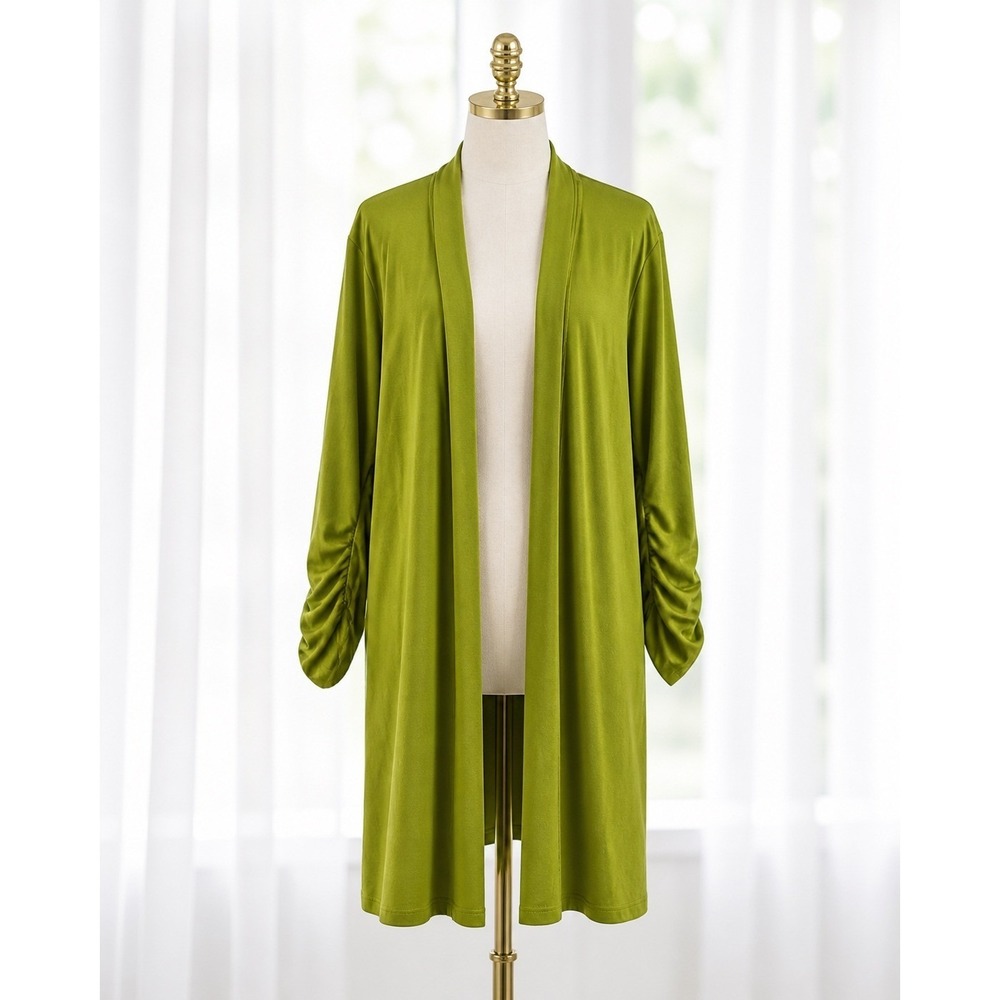Isaac Mizrahi Live! Ruched 3/4 Sleeve Cardigan Chartruse Green Open Pockets 3X